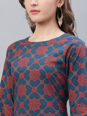 women navy blue cotton ethnic motifs printed straight kurta 2