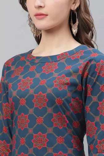 women navy blue cotton ethnic motifs printed straight kurta