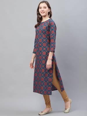 women navy blue cotton ethnic motifs printed straight kurta 3