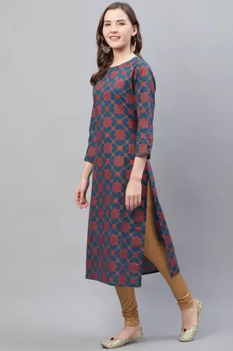women navy blue cotton ethnic motifs printed straight kurta