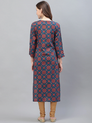 women navy blue cotton ethnic motifs printed straight kurta 4
