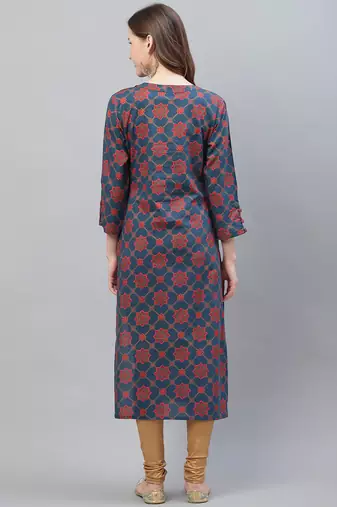 women navy blue cotton ethnic motifs printed straight kurta