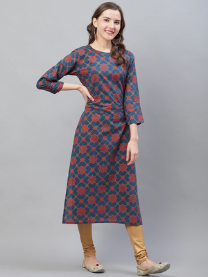 women navy blue cotton ethnic motifs printed straight kurta 5