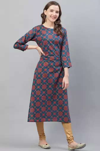 women navy blue cotton ethnic motifs printed straight kurta