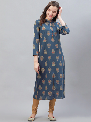 women navy blue cotton ethnic motifs printed straight kurta 1