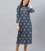women navy blue cotton ethnic motifs printed straight kurta