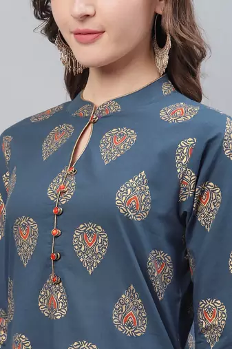 women navy blue cotton ethnic motifs printed straight kurta