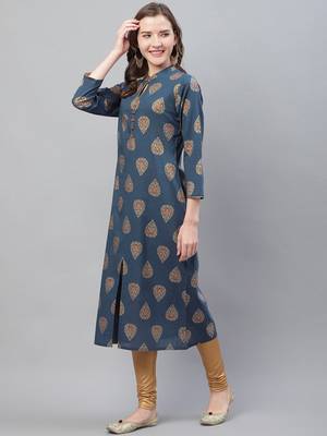 women navy blue cotton ethnic motifs printed straight kurta 3