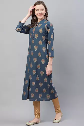 women navy blue cotton ethnic motifs printed straight kurta