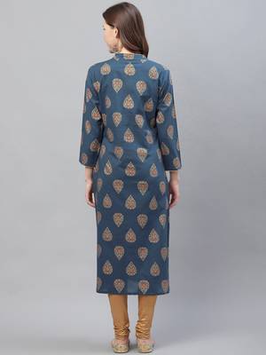 women navy blue cotton ethnic motifs printed straight kurta 4