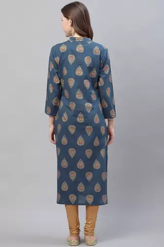 women navy blue cotton ethnic motifs printed straight kurta