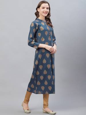 women navy blue cotton ethnic motifs printed straight kurta 5