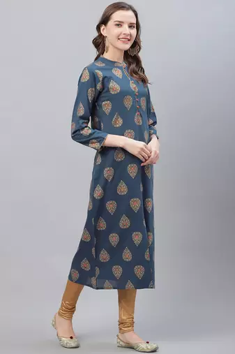 women navy blue cotton ethnic motifs printed straight kurta