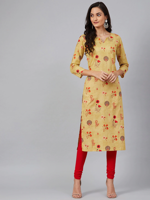 women mustard cotton floral printed straight kurta 1