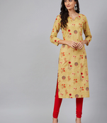 women mustard cotton floral printed straight kurta