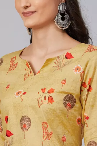 women mustard cotton floral printed straight kurta