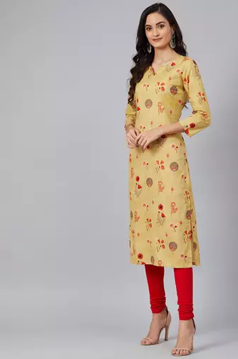women mustard cotton floral printed straight kurta
