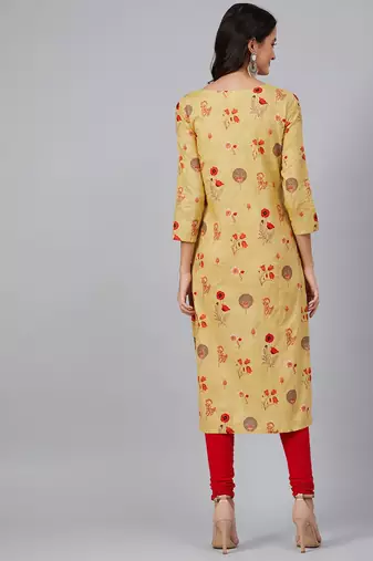 women mustard cotton floral printed straight kurta