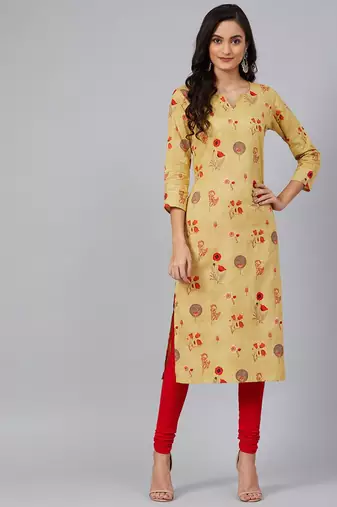 women mustard cotton floral printed straight kurta