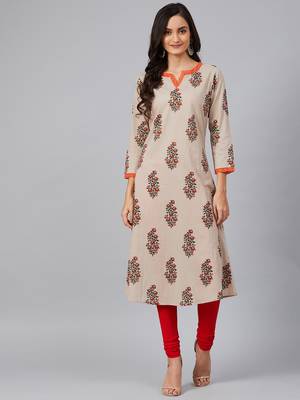 women beige cotton floral printed a-line kurta 1