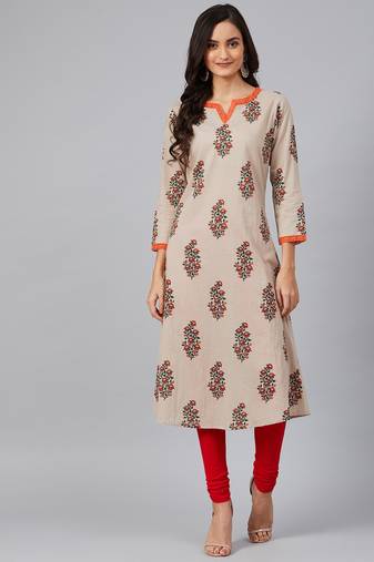 women beige cotton floral printed a-line kurta