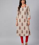 women beige cotton floral printed a-line kurta