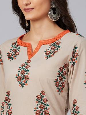 women beige cotton floral printed a-line kurta 2