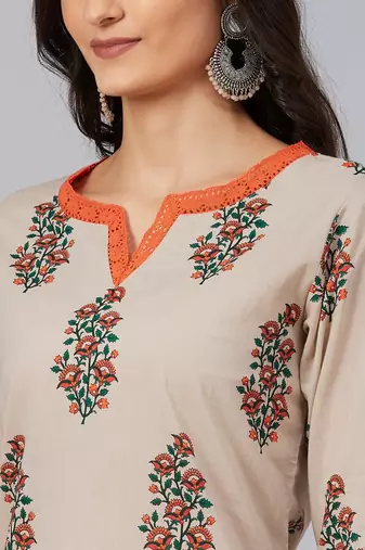women beige cotton floral printed a-line kurta