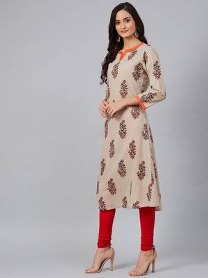 women beige cotton floral printed a-line kurta 3