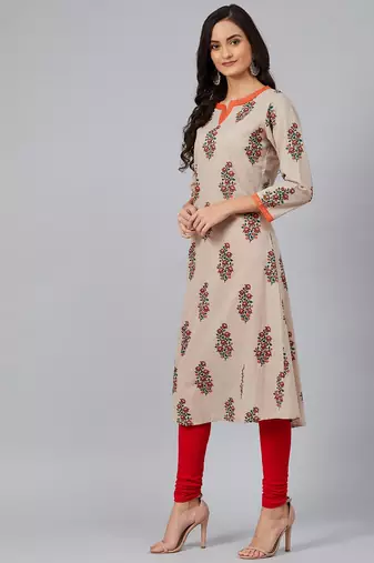 women beige cotton floral printed a-line kurta