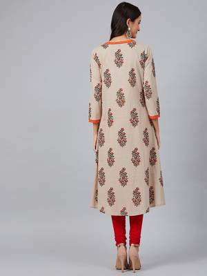 women beige cotton floral printed a-line kurta 4