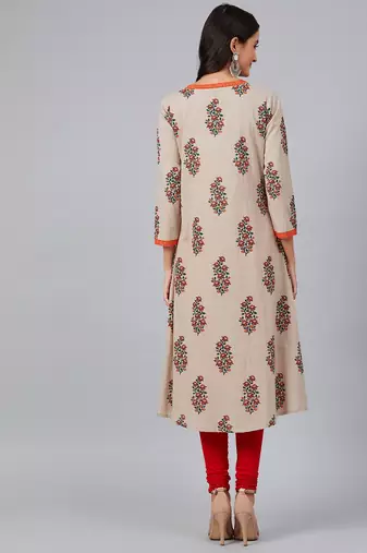 women beige cotton floral printed a-line kurta