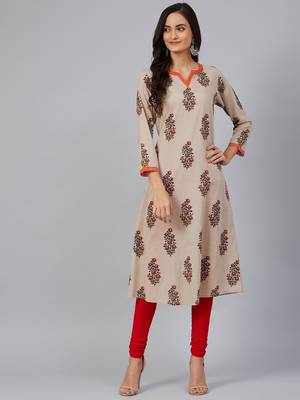women beige cotton floral printed a-line kurta 5