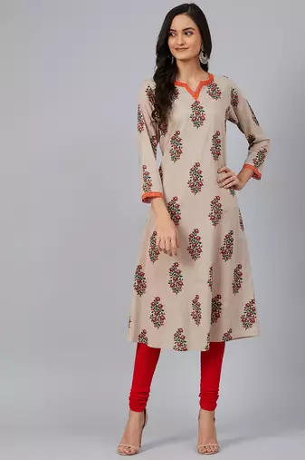 women beige cotton floral printed a-line kurta