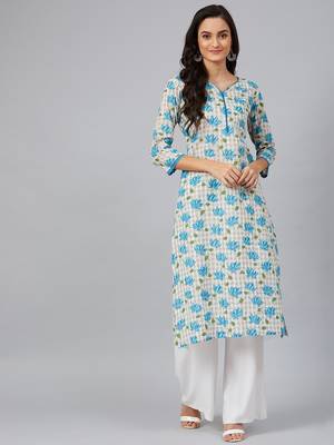 women white cotton floral printed straight kurta 1