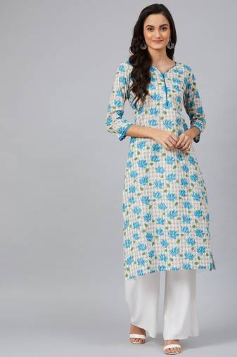 women white cotton floral printed straight kurta