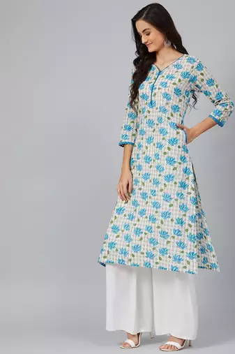 women white cotton floral printed straight kurta