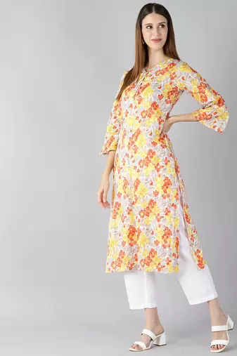 women white cotton floral printed straight kurta