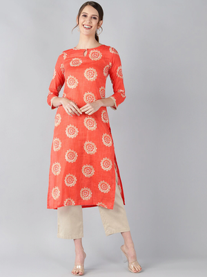 women coral cotton ethnic motifs printed straight kurta 1