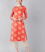 women coral cotton ethnic motifs printed straight kurta