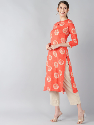 women coral cotton ethnic motifs printed straight kurta 3