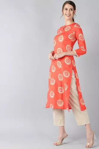 women coral cotton ethnic motifs printed straight kurta