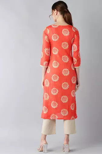 women coral cotton ethnic motifs printed straight kurta