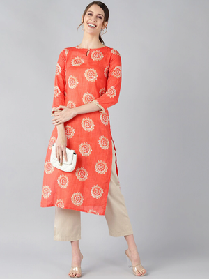 women coral cotton ethnic motifs printed straight kurta 5