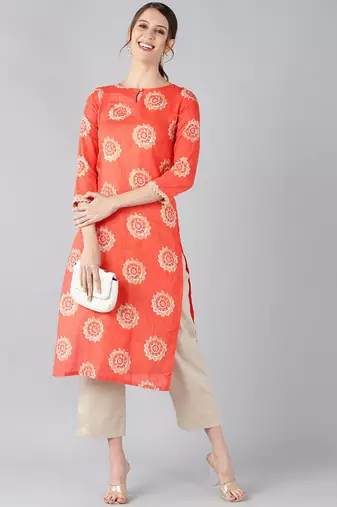 women coral cotton ethnic motifs printed straight kurta