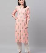 women pink cotton ethnic motifs printed straight kurta