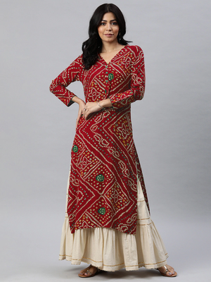 Red Rayon Bandhani Printed Kurti 1