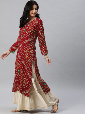 Red Rayon Bandhani Printed Kurti 3
