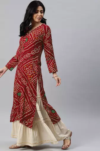 Red Rayon Bandhani Printed Kurti