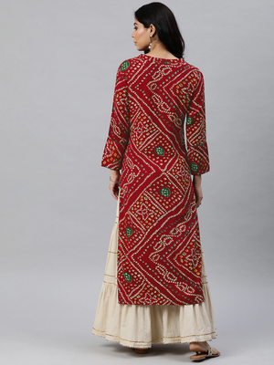Red Rayon Bandhani Printed Kurti 4
